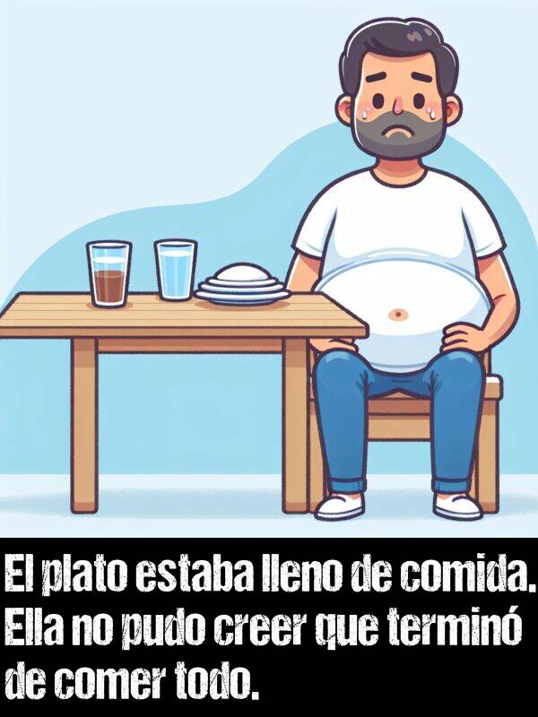 comer: El plato estaba lleno de comida. Ella no pudo creer que termin de comer todo.