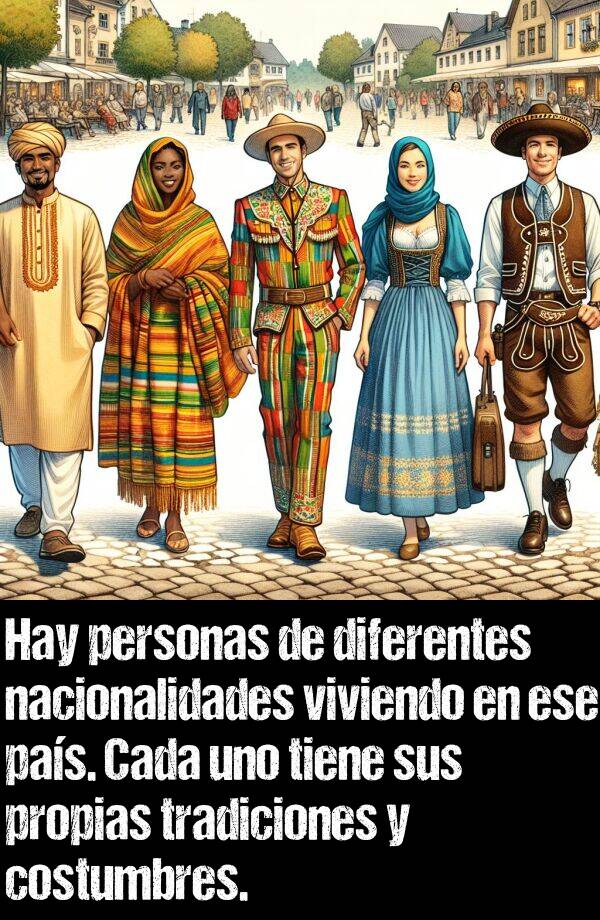 costumbres: Hay personas de diferentes nacionalidades viviendo en ese pas. Cada uno tiene sus propias tradiciones y costumbres.