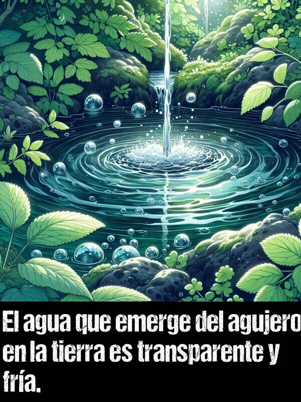 fra: El agua que emerge del agujero en la tierra es transparente y fra.