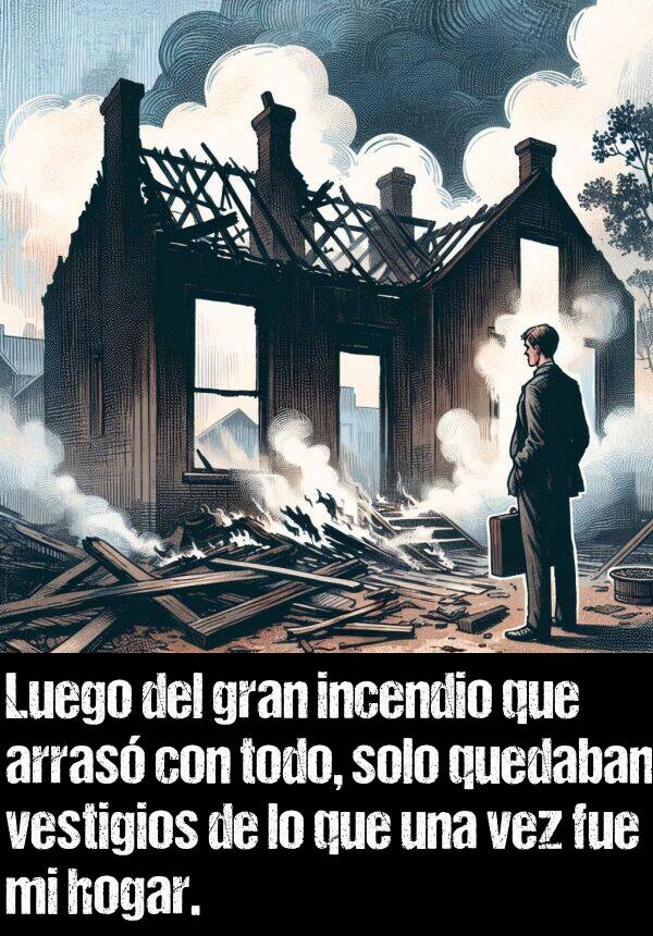 quedaban: Luego del gran incendio que arras con todo, solo quedaban vestigios de lo que una vez fue mi hogar.