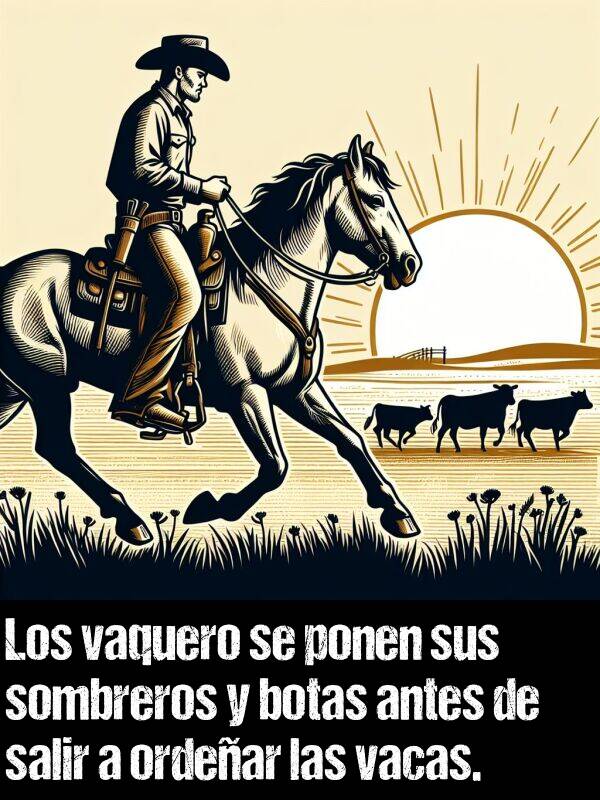 vaquero: Los vaquero se ponen sus sombreros y botas antes de salir a ordear las vacas.