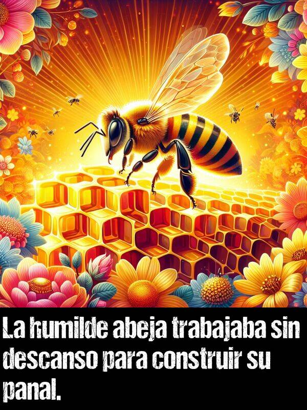 descanso: La humilde abeja trabajaba sin descanso para construir su panal.