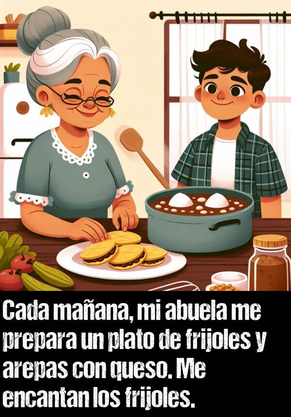 prepara: Cada maana, mi abuela me prepara un plato de frijoles y arepas con queso. Me encantan los frijoles.