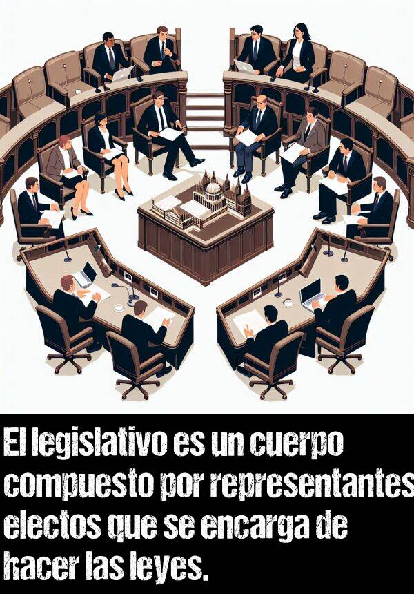 representantes: El legislativo es un cuerpo compuesto por representantes electos que se encarga de hacer las leyes.