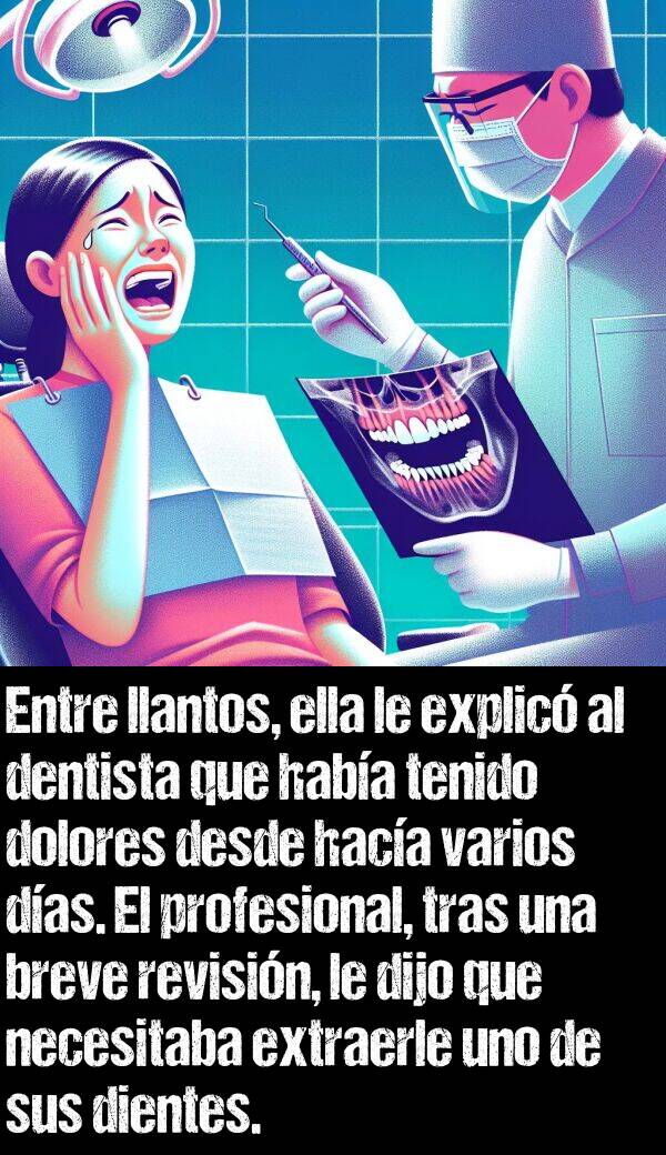 revisin: Entre llantos, ella le explic al dentista que haba tenido dolores desde haca varios das. El profesional, tras una breve revisin, le dijo que necesitaba extraerle uno de sus dientes.