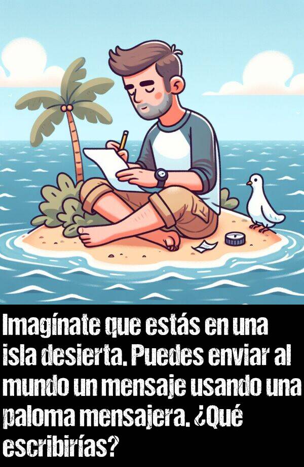 mensajero: Imagnate que ests en una isla desierta. Puedes enviar al mundo un mensaje usando una paloma mensajera. Qu escribiras?