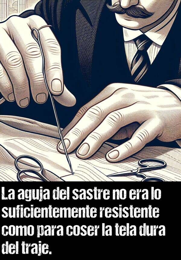 dura: La aguja del sastre no era lo suficientemente resistente como para coser la tela dura del traje.