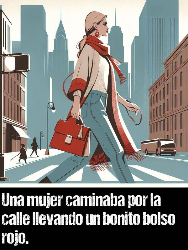 calle: Una mujer caminaba por la calle llevando un bonito bolso rojo.