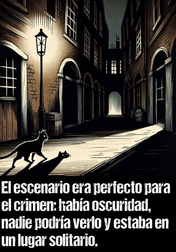 escenario: El escenario era perfecto para el crimen: haba oscuridad, nadie podra verlo y estaba en un lugar solitario.