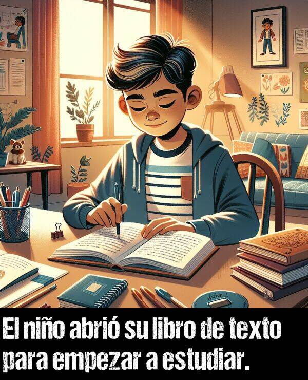 libro: El nio abri su libro de texto para empezar a estudiar.