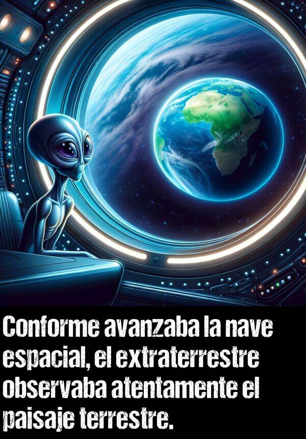 espacial: Conforme avanzaba la nave espacial, el extraterrestre observaba atentamente el paisaje terrestre.