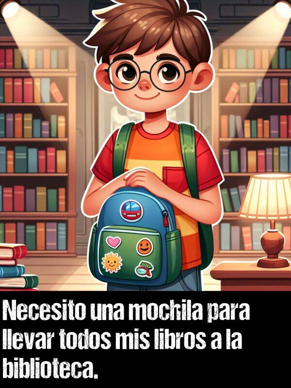 mochila: Necesito una mochila para llevar todos mis libros a la biblioteca.