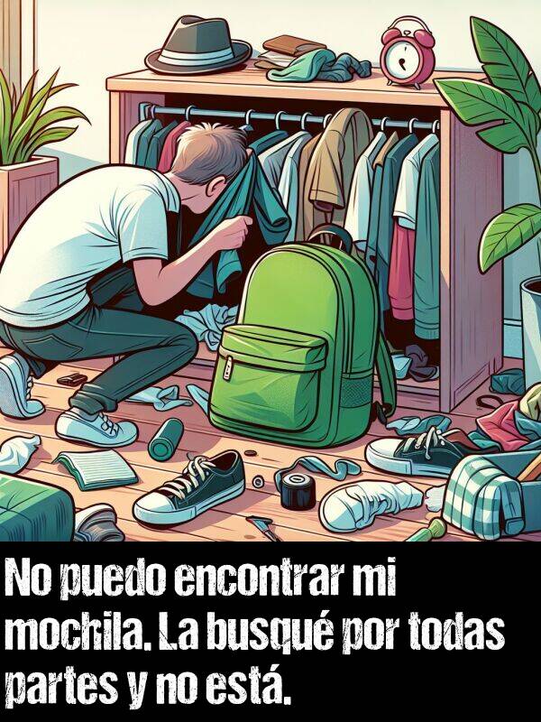 est: No puedo encontrar mi mochila. La busqu por todas partes y no est.