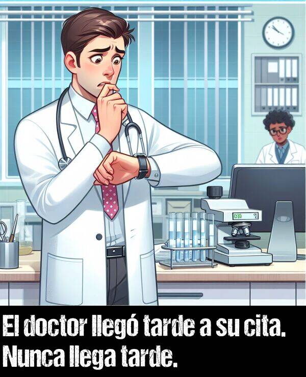 tarde: El doctor lleg tarde a su cita. Nunca llega tarde.