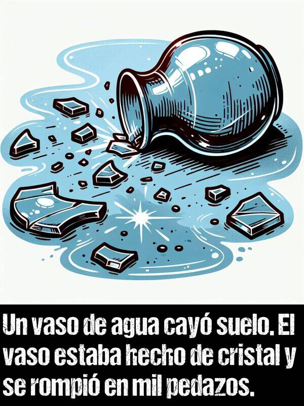 pedazos: Un vaso de agua cay suelo. El vaso estaba hecho de cristal y se rompi en mil pedazos.