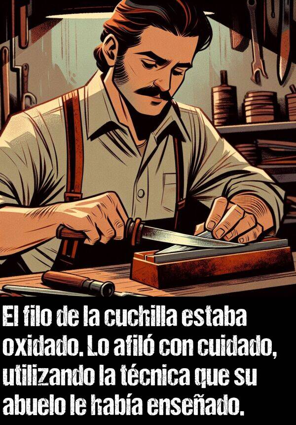 afil: El filo de la cuchilla estaba oxidado. Lo afil con cuidado, utilizando la tcnica que su abuelo le haba enseado.