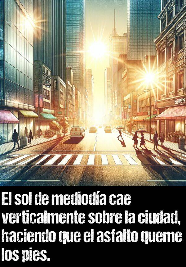 asfalto: El sol de medioda cae verticalmente sobre la ciudad, haciendo que el asfalto queme los pies.