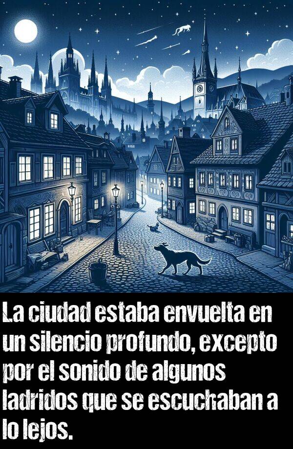 excepto: La ciudad estaba envuelta en un silencio profundo, excepto por el sonido de algunos ladridos que se escuchaban a lo lejos.