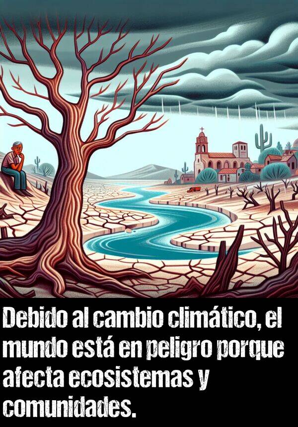 afecta: Debido al cambio climtico, el mundo est en peligro porque afecta ecosistemas y comunidades.