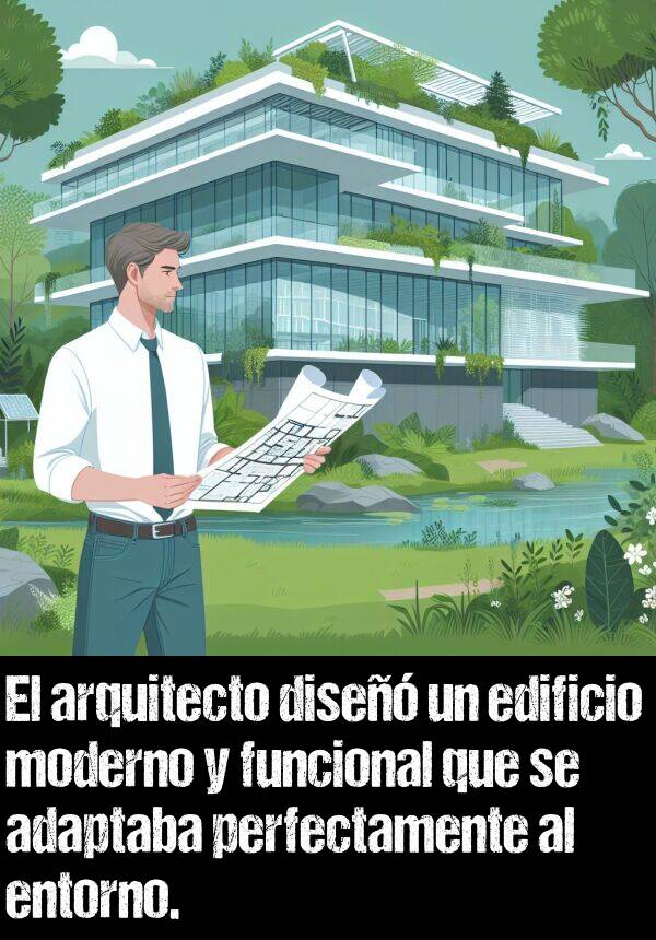 arquitecto: El arquitecto dise un edificio moderno y funcional que se adaptaba perfectamente al entorno.