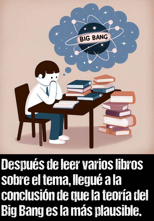 plausible: Despus de leer varios libros sobre el tema, llegu a la conclusin de que la teora del Big Bang es la ms plausible.