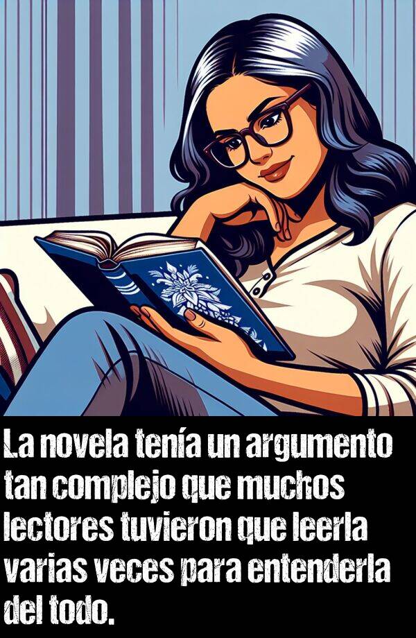 argumento: La novela tena un argumento tan complejo que muchos lectores tuvieron que leerla varias veces para entenderla del todo.