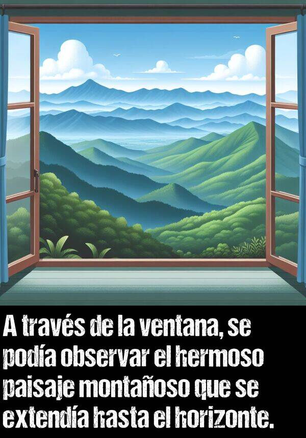 montaoso: A travs de la ventana, se poda observar el hermoso paisaje montaoso que se extenda hasta el horizonte.