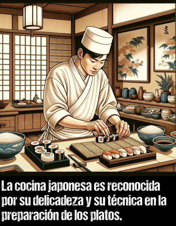 delicadeza: La cocina japonesa es reconocida por su delicadeza y su tcnica en la preparacin de los platos.