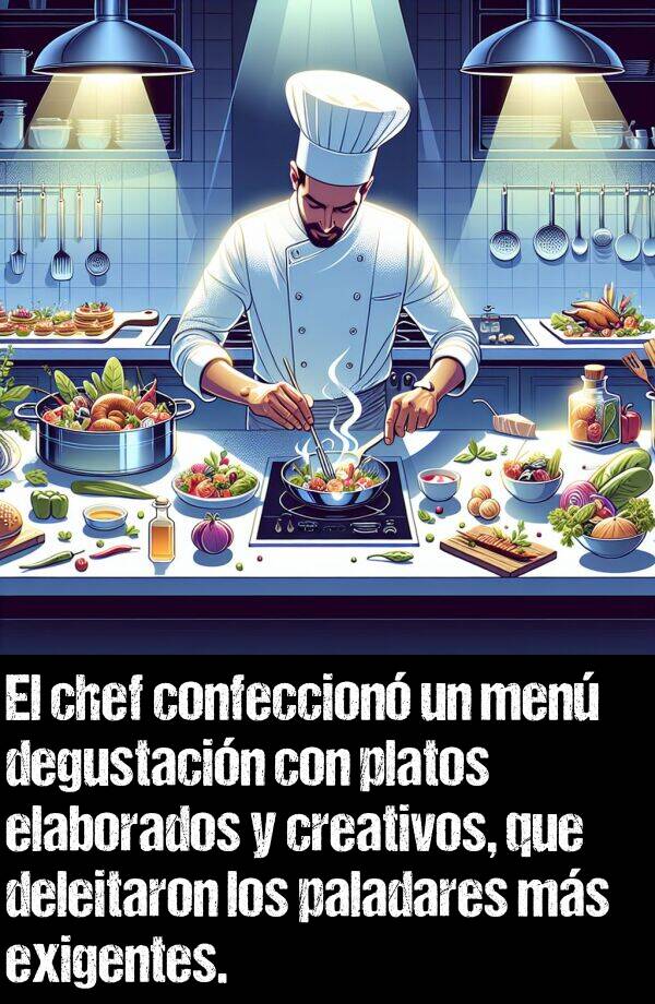 deleitaron: El chef confeccion un men degustacin con platos elaborados y creativos, que deleitaron los paladares ms exigentes.