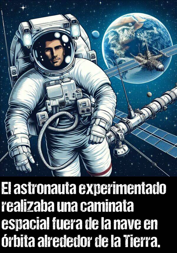 rbita: El astronauta experimentado realizaba una caminata espacial fuera de la nave en rbita alrededor de la Tierra.