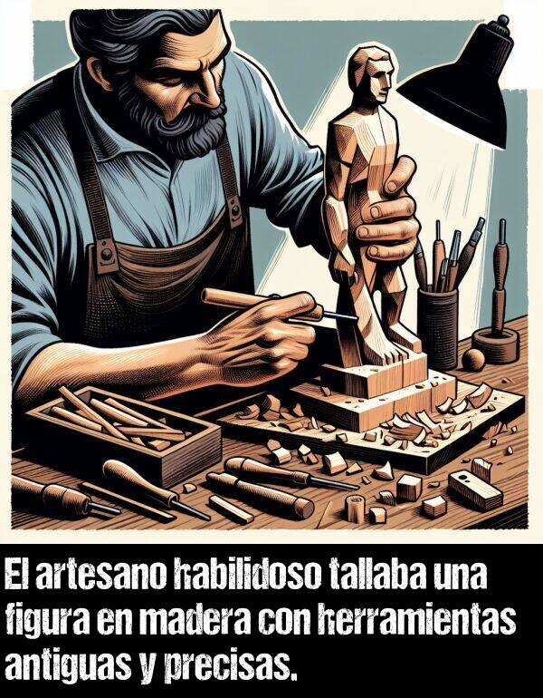 preciso: El artesano habilidoso tallaba una figura en madera con herramientas antiguas y precisas.