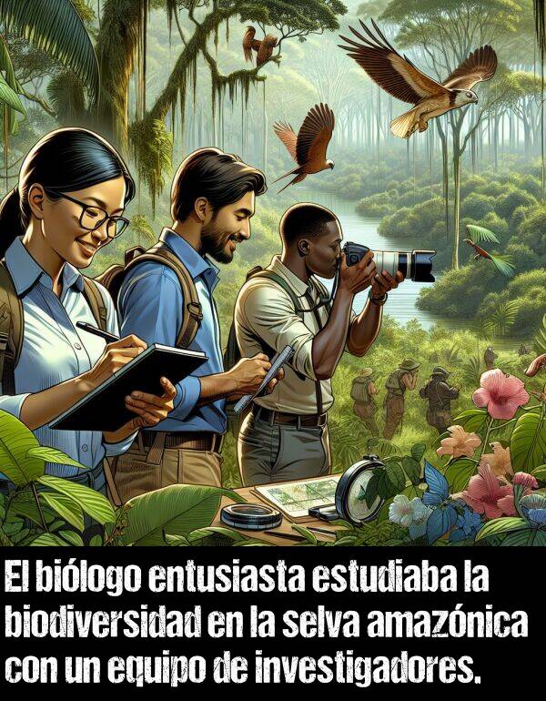 investigador: El bilogo entusiasta estudiaba la biodiversidad en la selva amaznica con un equipo de investigadores.