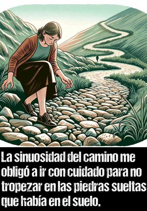 tropezar: La sinuosidad del camino me oblig a ir con cuidado para no tropezar en las piedras sueltas que haba en el suelo.