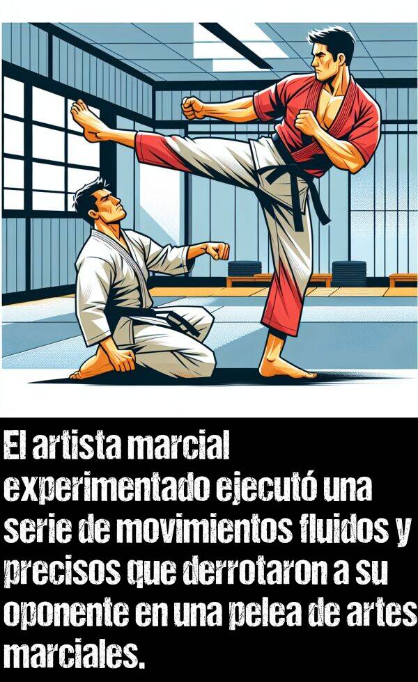 marcial: El artista marcial experimentado ejecut una serie de movimientos fluidos y precisos que derrotaron a su oponente en una pelea de artes marciales.