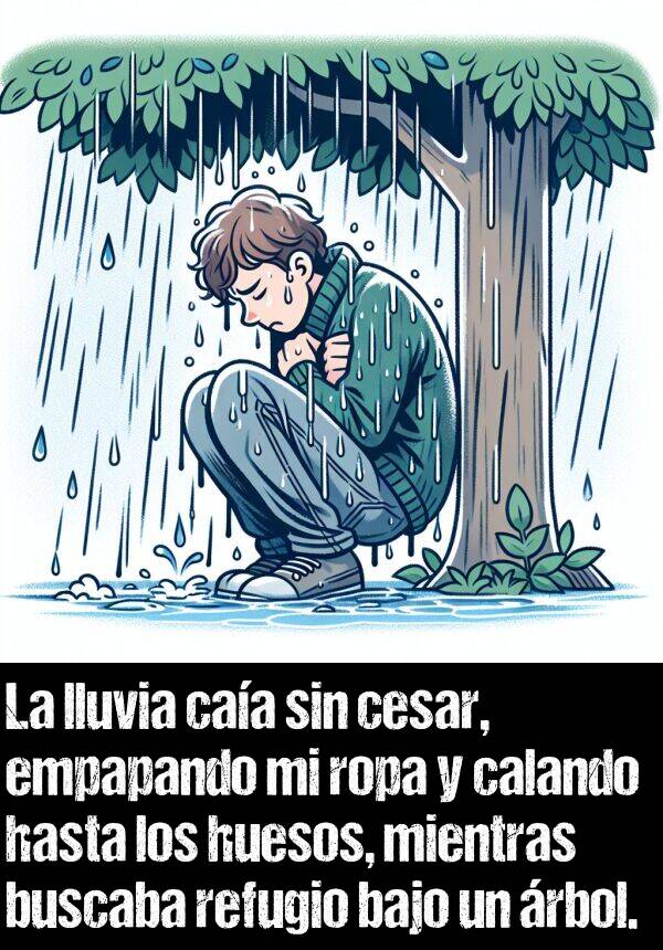 empapando: La lluvia caa sin cesar, empapando mi ropa y calando hasta los huesos, mientras buscaba refugio bajo un rbol.