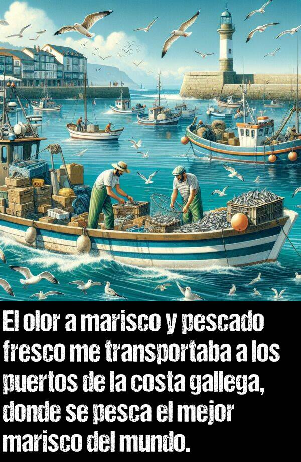 gallego: El olor a marisco y pescado fresco me transportaba a los puertos de la costa gallega, donde se pesca el mejor marisco del mundo.