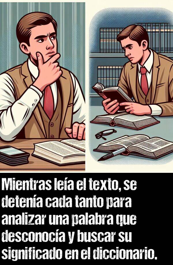 detena: Mientras lea el texto, se detena cada tanto para analizar una palabra que desconoca y buscar su significado en el diccionario.