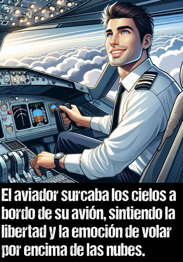 surcaba: El aviador surcaba los cielos a bordo de su avin, sintiendo la libertad y la emocin de volar por encima de las nubes.