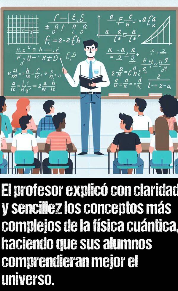 conceptos: El profesor explic con claridad y sencillez los conceptos ms complejos de la fsica cuntica, haciendo que sus alumnos comprendieran mejor el universo.