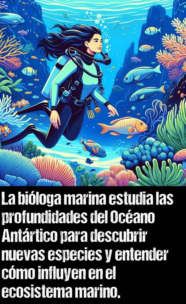 marino: La biloga marina estudia las profundidades del Ocano Antrtico para descubrir nuevas especies y entender cmo influyen en el ecosistema marino.