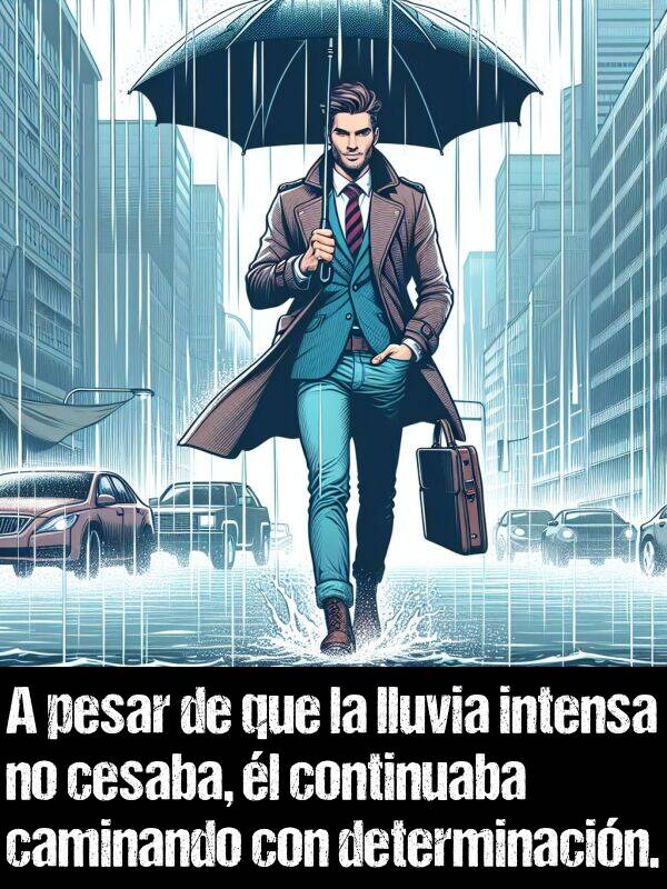 l: A pesar de que la lluvia intensa no cesaba, l continuaba caminando con determinacin.