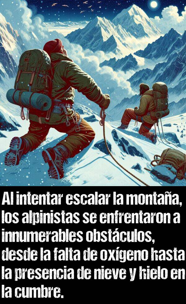 oxgeno: Al intentar escalar la montaa, los alpinistas se enfrentaron a innumerables obstculos, desde la falta de oxgeno hasta la presencia de nieve y hielo en la cumbre.