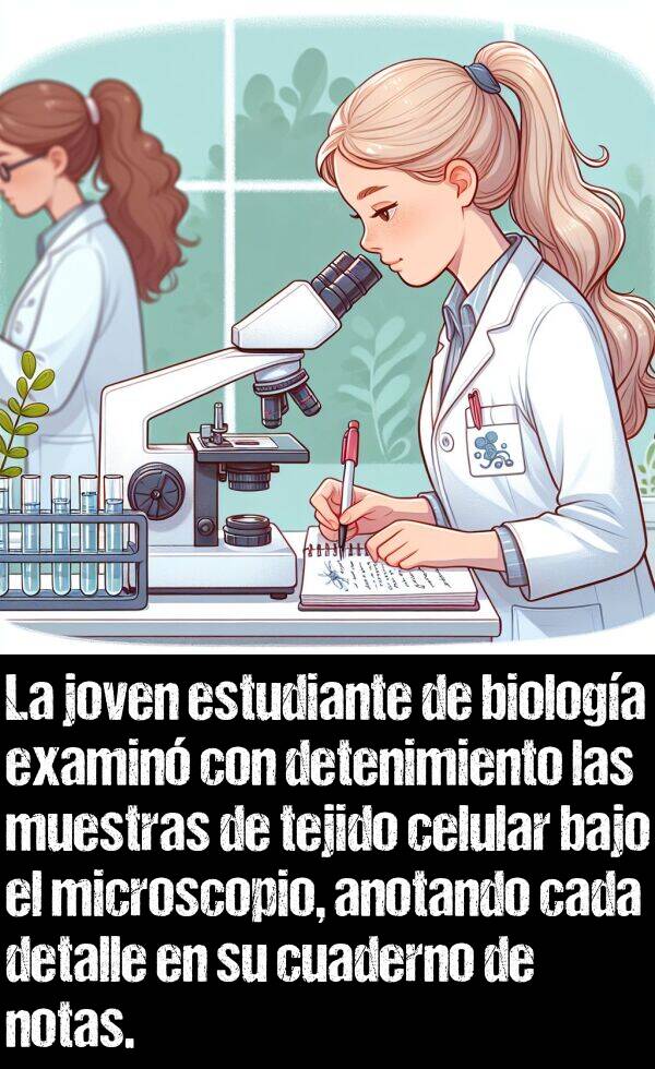 microscopio: La joven estudiante de biologa examin con detenimiento las muestras de tejido celular bajo el microscopio, anotando cada detalle en su cuaderno de notas.