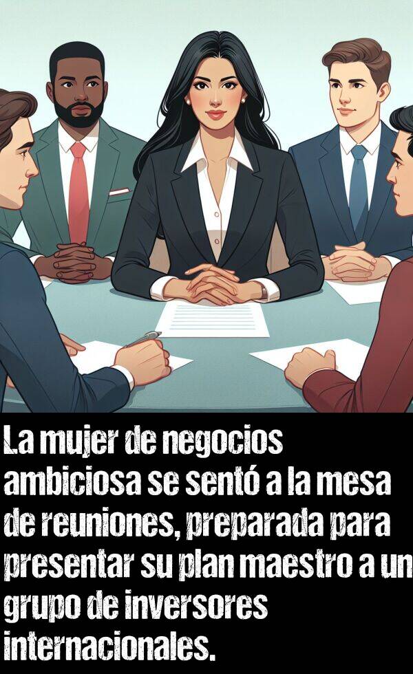 presentar: La mujer de negocios ambiciosa se sent a la mesa de reuniones, preparada para presentar su plan maestro a un grupo de inversores internacionales.