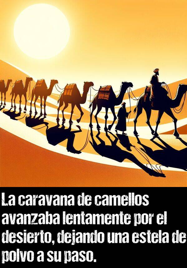 estela: La caravana de camellos avanzaba lentamente por el desierto, dejando una estela de polvo a su paso.