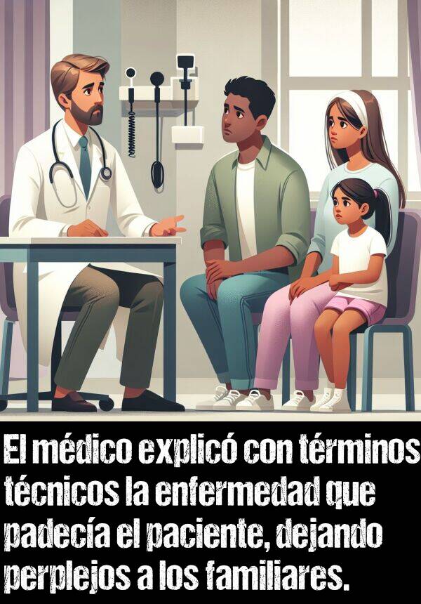 trminos: El mdico explic con trminos tcnicos la enfermedad que padeca el paciente, dejando perplejos a los familiares.