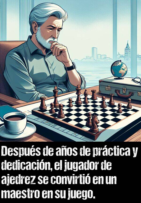 jugador: Despus de aos de prctica y dedicacin, el jugador de ajedrez se convirti en un maestro en su juego.