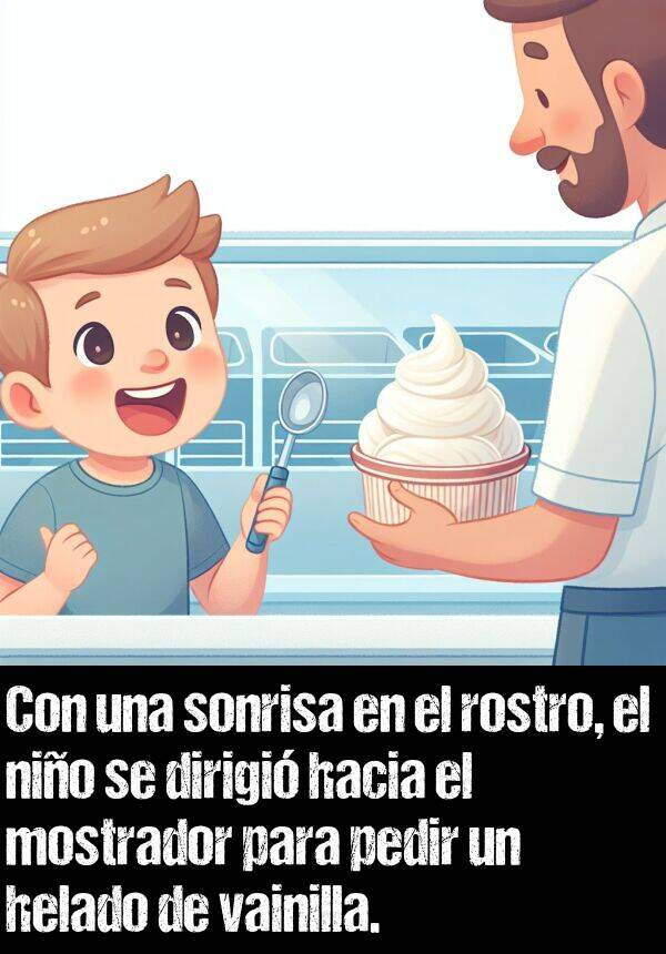 mostrador: Con una sonrisa en el rostro, el nio se dirigi hacia el mostrador para pedir un helado de vainilla.