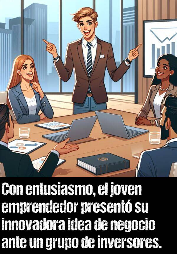 grupo: Con entusiasmo, el joven emprendedor present su innovadora idea de negocio ante un grupo de inversores.