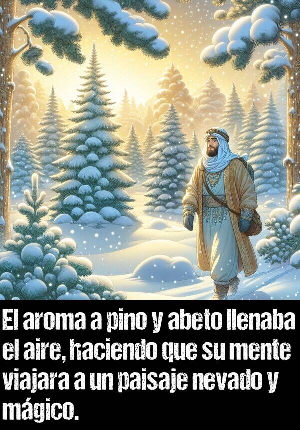 pino: El aroma a pino y abeto llenaba el aire, haciendo que su mente viajara a un paisaje nevado y mgico.